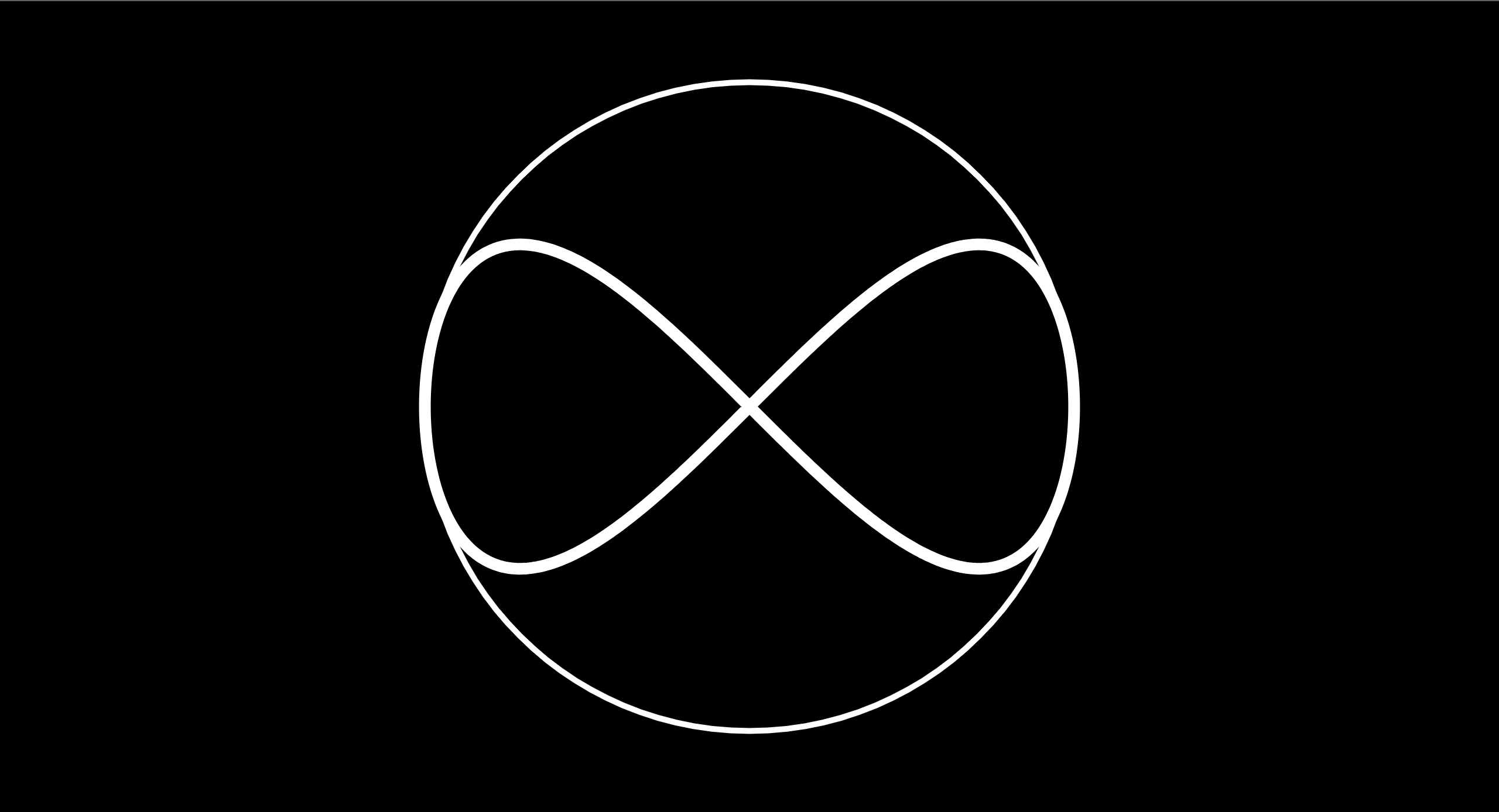 A white circle with a white infinite symbol in the middle on a black background