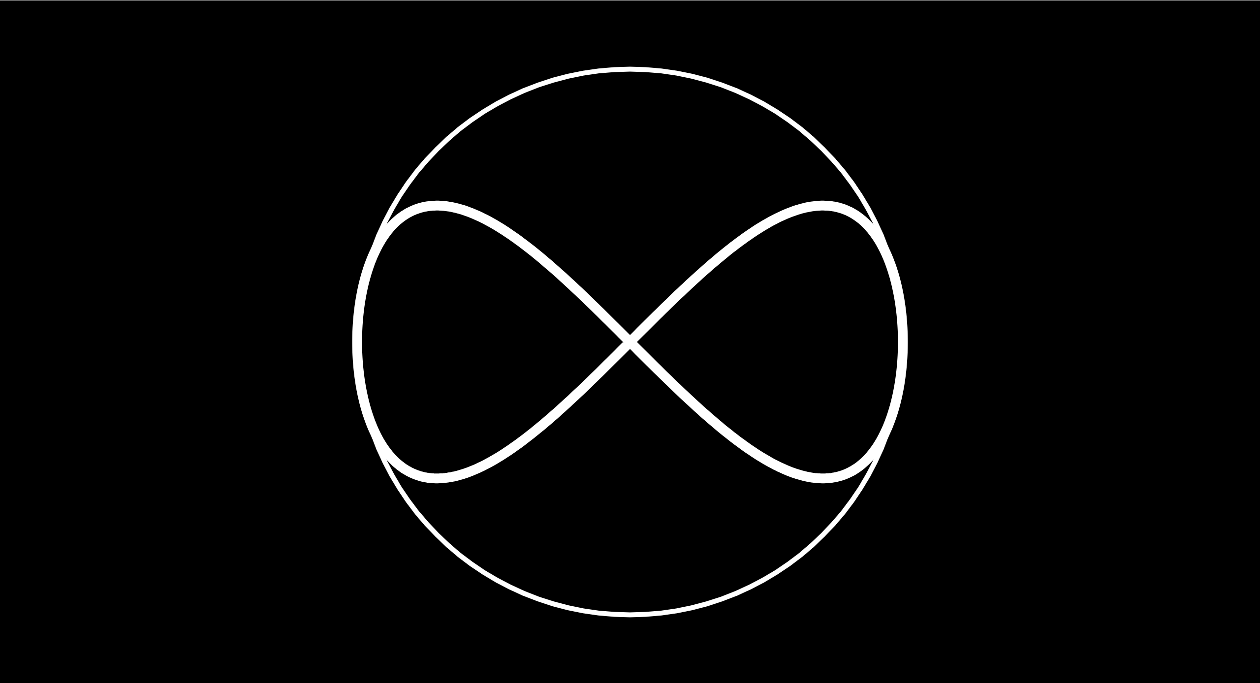 A white infinity symbol in the middle of a white circle against a black background
